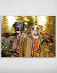 Personalized matte poster featuring two pets dressed as hunters with rifles in a forest setting.
