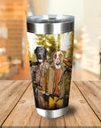 Personalized stainless steel tumbler with custom Viking-style portraits of two dogs in hunting attire.
