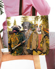 Personalized 3-pet 'The Hunters' tote bag featuring dog portraits in renaissance hunting attire.