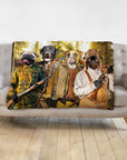 Personalized 4-pet hunting portrait blanket featuring a pug, black lab, pit bull, and another pug.