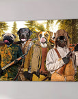 Four personalized pet portraits on canvas, depicting dogs dressed as hunters with rifles in a forest.