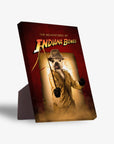 Personalized pet standing canvas featuring a dog dressed as Indiana Jones on a red background.