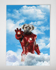 Personalized "The Iron Doggo" poster featuring a dog's head on a red Iron Man suit, against a blue sky with clouds.