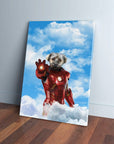 Personalized pet canvas featuring a dog's head on an Iron Man suit, against a blue sky with clouds.