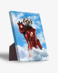 Personalized standing canvas featuring a dog's head on an Iron Man suit, flying through blue skies with clouds.