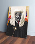 Personalized canvas print of a dog dressed as a judge in a black robe, white wig, and red tie.