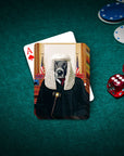 Personalized playing cards featuring a dog in a judge's wig and robe, with poker chips and dice.