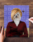Personalized pet puzzle featuring a Shih Tzu dog in a "Karen" style portrait with blonde bob and red shirt.
