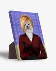 Personalized pet standing canvas featuring a Shih Tzu in a red shirt and blonde bob, against a purple patterned background.
