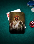 Personalized pet playing cards featuring a pug in a royal renaissance portrait on a green poker table.