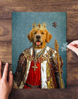 Custom personalized pet puzzle featuring a golden retriever in a royal king portrait.