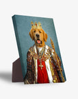 Personalized pet standing canvas featuring a golden retriever in a king's crown and regal robes.