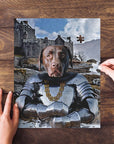 Personalized pet puzzle featuring a chocolate lab in knight armor with a castle background.