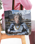 Personalized 'The Knight' tote bag featuring a brown dog's head on a knight's armored body.