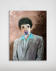Personalized 'The Kramer' dog portrait poster featuring a pet's face on a man in a gray suit and blue shirt.