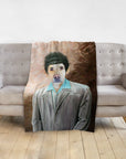 Personalized pet blanket featuring a dog's face on a human body in a "Kramer" style portrait.