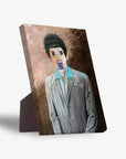 Personalized pet portrait standing canvas featuring a dog's face on a character in a striped suit and blue shirt.