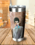 Personalized stainless steel tumbler with a custom renaissance-style portrait of a dog as 'The Kramer'.