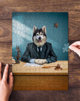 Personalized pet puzzle featuring a husky dog dressed as a lawyer at a desk, with hands assembling it.