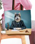 Personalized tote bag featuring a husky pet portrait as a lawyer in a suit, sitting at a desk.