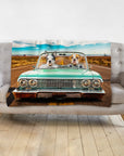 Personalized minky blanket with two dogs in a teal lowrider convertible on a desert road.