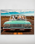 Personalized 'Lowrider' poster featuring four pets in a teal vintage car on a desert road.