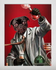 Personalized 'Mad Scientist' pet poster featuring a black pug in a lab coat, holding a bubbling flask.
