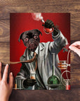 Personalized pet puzzle featuring a black pug as a mad scientist on a red background.