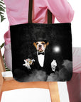 Personalized black tote bag with a custom pet portrait of a bulldog as a magician.