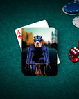Personalized playing cards featuring a bulldog's head on a male cyclist's body, with poker chips and dice.