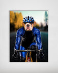 Personalized pet poster featuring a bulldog's head on a male cyclist in a blue and black racing suit.
