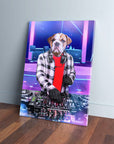 Personalized pet canvas featuring a bulldog DJ in a plaid shirt, red tee, and headphones, mixing on a deck.