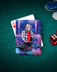 Personalized playing card featuring a bulldog DJ in a plaid shirt, on a green felt table with chips and dice.