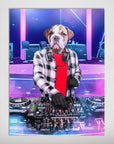 Personalized bulldog DJ poster with headphones, plaid shirt, and red tee, mixing on turntables in a neon club.