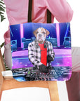 Personalized tote bag with a bulldog pet portrait as a DJ in a neon club.