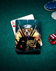 Custom playing cards featuring a bulldog pet portrait in a Marine uniform, on a green felt table with poker chips and dice.