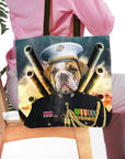 Personalized 'The Marine' tote bag with a bulldog pet portrait in a military uniform.