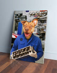 Personalized pet canvas featuring a dog's head on a mechanic's body in a blue uniform, holding an engine part.