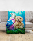 Personalized pet blanket with a golden retriever mermaid portrait in an underwater scene.