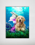Personalized "The Mermaid" pet poster featuring a golden retriever dog with a purple mermaid tail and seashell top, underwater.