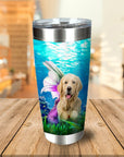 Personalized stainless steel tumbler with a golden retriever dog as a mermaid in an underwater scene.