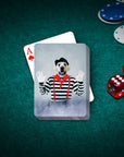 Personalized pet playing cards featuring a golden retriever in a mime costume.