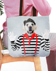 Personalized tote bag with a custom dog portrait in a mime costume.