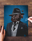 Personalized pet puzzle featuring a dog in a mobster suit and fedora against a blue background.