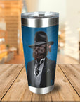 Personalized stainless steel tumbler with a custom dog portrait in a mobster suit on a blue background.
