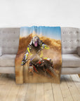 Personalized pet blanket with a custom portrait of a dog as a motocross rider in a dusty desert scene.