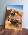 Personalized pet canvas featuring a dog's head on a motocross rider in a dusty, action-packed scene.