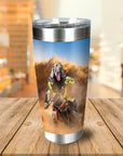 Personalized stainless steel tumbler with a custom cartoon portrait of a dog riding a motocross bike.