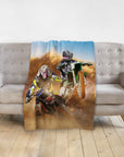 Personalized minky blanket with two dogs as motocross riders in a dusty race.