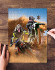 Personalized 2-pet puzzle featuring dogs as motocross riders in a dusty scene.